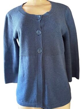 Jones New York Blue Button-Up 3/4 Sleeve Split Cardigan Knit